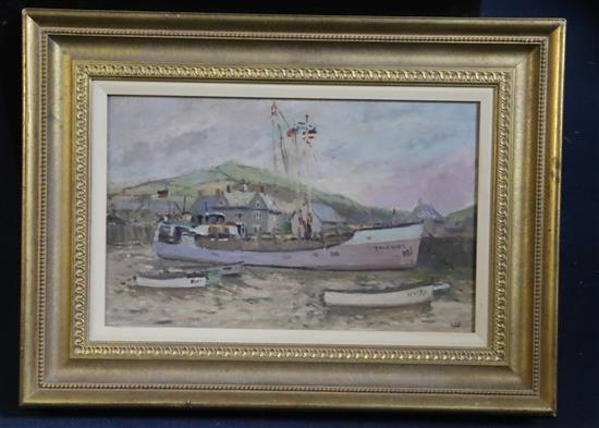 Hugh Boycott Brown (1909-1990) Trawler and fishing boats at low tide 25 x 39cm